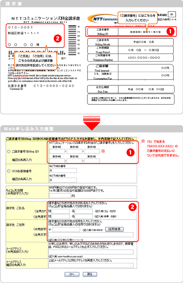 ウェブ申し込み入力画面の注意。注意1、ご請求番号BillingIDは9で始まる9***-***-***のご請求番号への充当については利用できません。注意2、NTTコミュニケーションズが発行いたします請求書での請求先名をご氏名に入力ください。注意3、 NTTコミュニケーションズが発行いたします請求書での請求先住所をご住所に入力ください。
